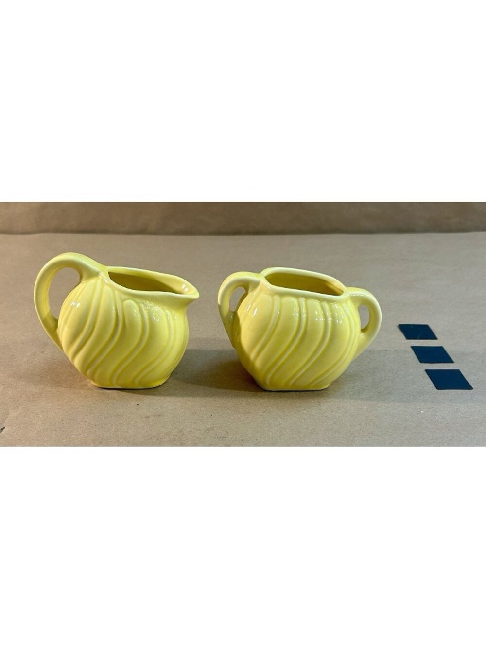 Vintage Yellow Ribbed/Swirl Ceramic Open Sugar Bowl & Creamer Set-Handles- 4"